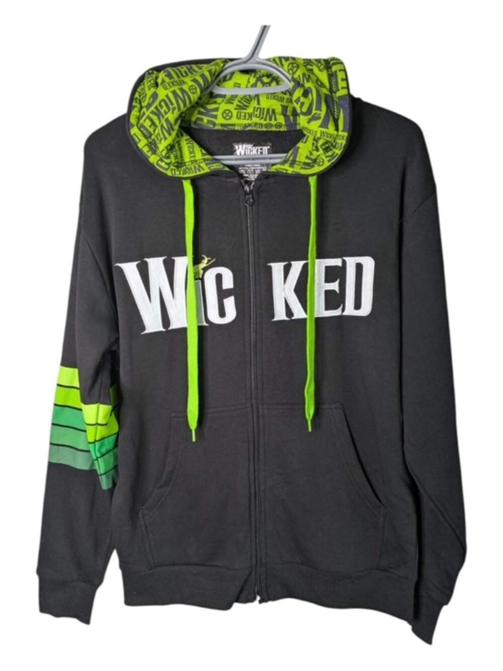 Wicked Unisex Stripe Logo Zip Hoodie Black/Green Size Small Relaxed